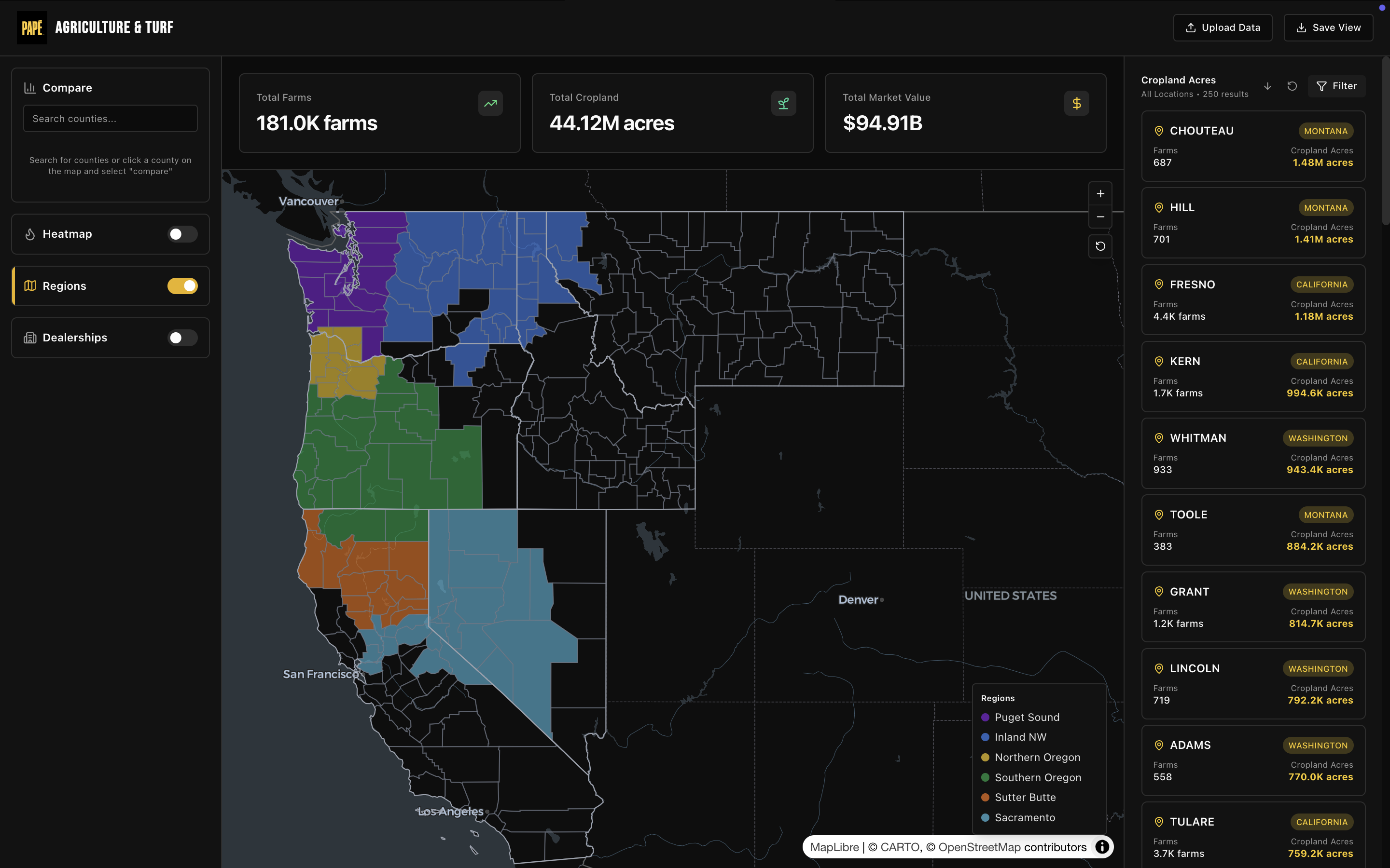 PapeAgNet dashboard: Pacific Northwest dealer regions and county agriculture metrics on an interactive map